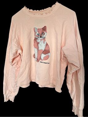Teddy‎ Fresh Don't Touch Me Cat Appliqué cropped Sweatshirt size L Peach Ruffle